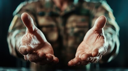 A close-up of a soldier's open hands extended outward, set against a blurred background, symbolizes openness and willingness amidst a scene filled with military camouflage.