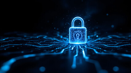A glowing blue lock icon set against a dark circuit board background, symbolizing security.