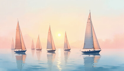 Fototapeta premium Tranquil Watercolor Painting of Sailboats in a Regatta on a Calm Sea Under a Pastel Sunset Sky