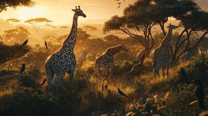 Fototapeta premium Giraffe herd at golden sunrise in African savanna.