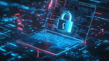 Cybersecurity Concept with Digital Lock on Laptop