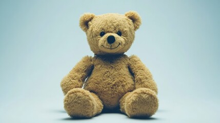 Obraz premium Cute and Cuddly Teddy Bear Sitting on a Soft Blue Background Perfect for Childhood Memories, Baby Showers, and Comforting Toys for All Ages