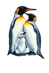 Fototapeta premium Couple of Antarctica King Penguin Nurturing Their Chick on an Iceberg Illustration. Isolated on a Transparent Background. Cutout PNG.