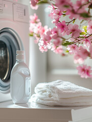 Laundry detergent bottle beside fresh towels and cherry blossoms in a bright laundry room