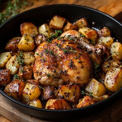 Roast Chicken with Potatoes on Rustic Table