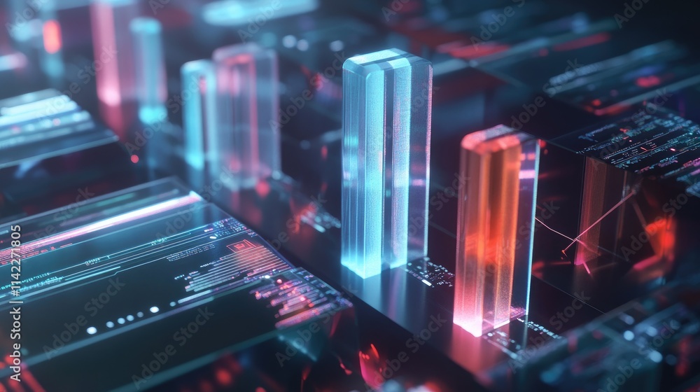 Poster a futuristic 3d bar chart with transparent, glass-like bars, standing against a digital interface fi