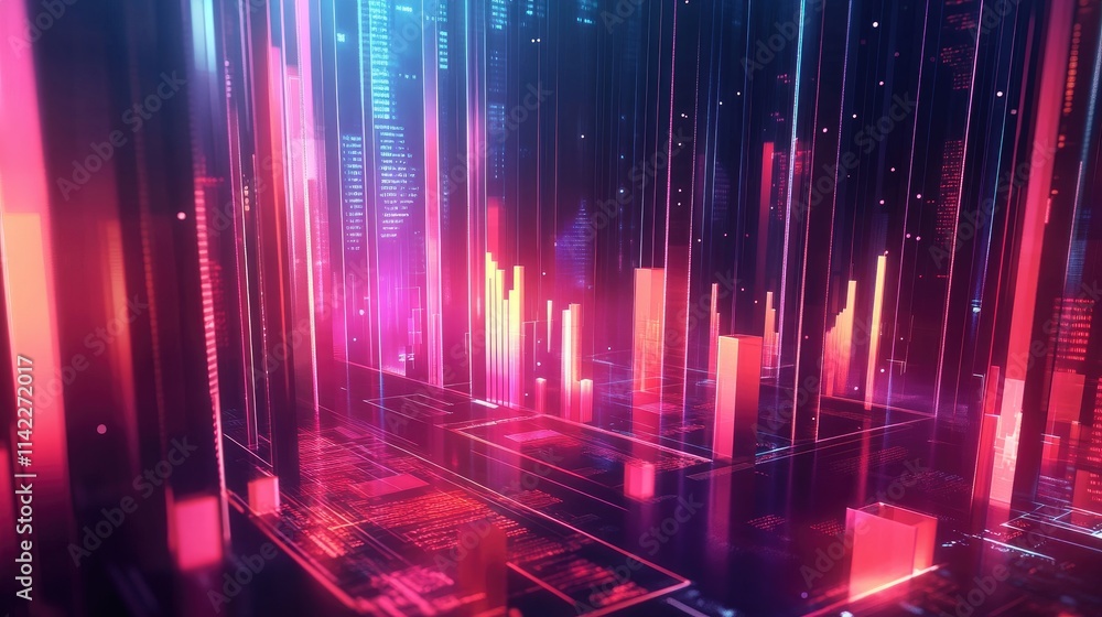 Poster a futuristic 3d financial chart with glowing bar graphs and data points, set against a high-tech bac