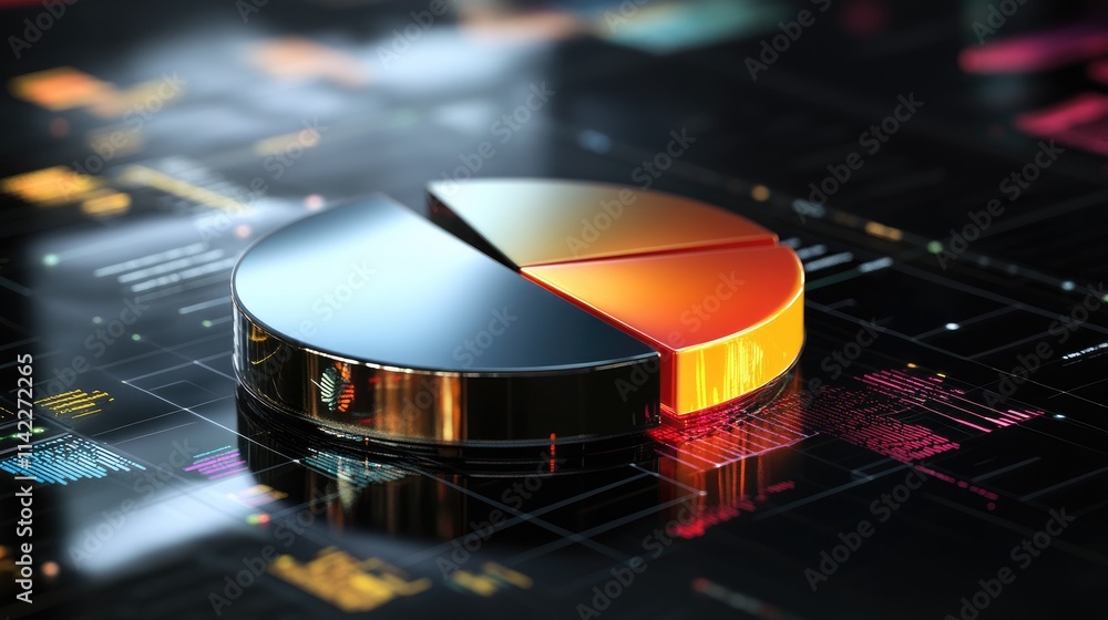 Aufkleber a futuristic 3d pie chart in metallic colors, with sleek, polished segments emerging from the base, 