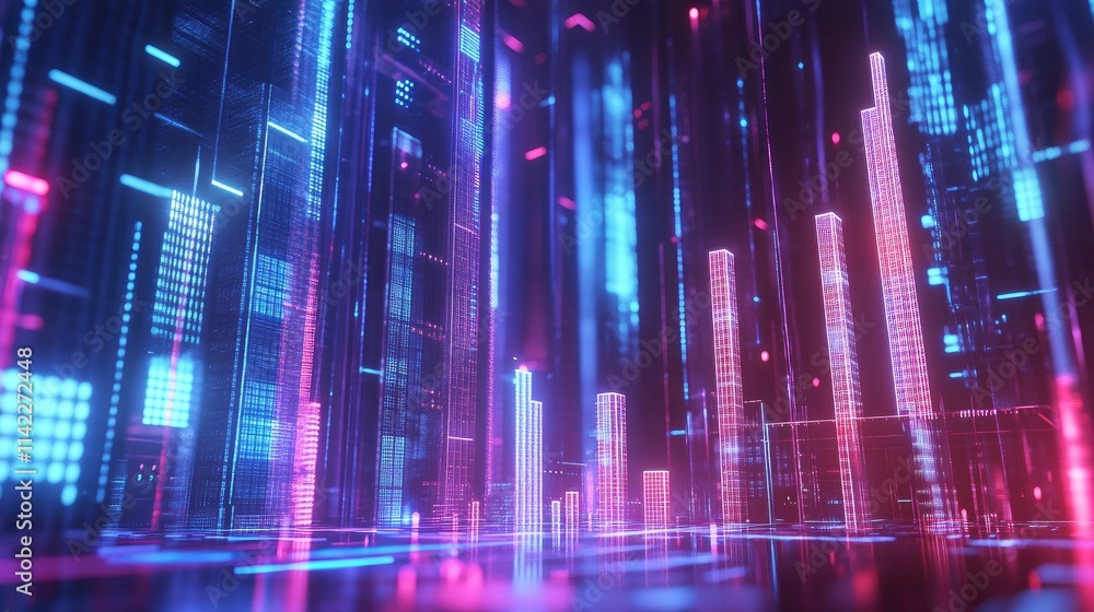 Aufkleber a futuristic 3d financial chart with glowing bar graphs and data points, set against a high-tech bac