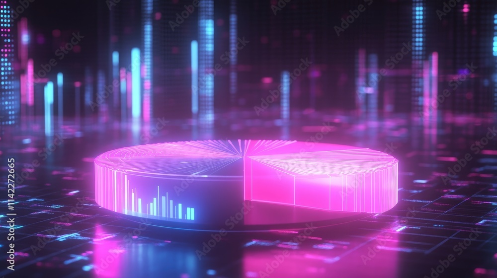 Poster a futuristic 3d pie chart with glowing neon segments, rotating in mid-air against a dark background 