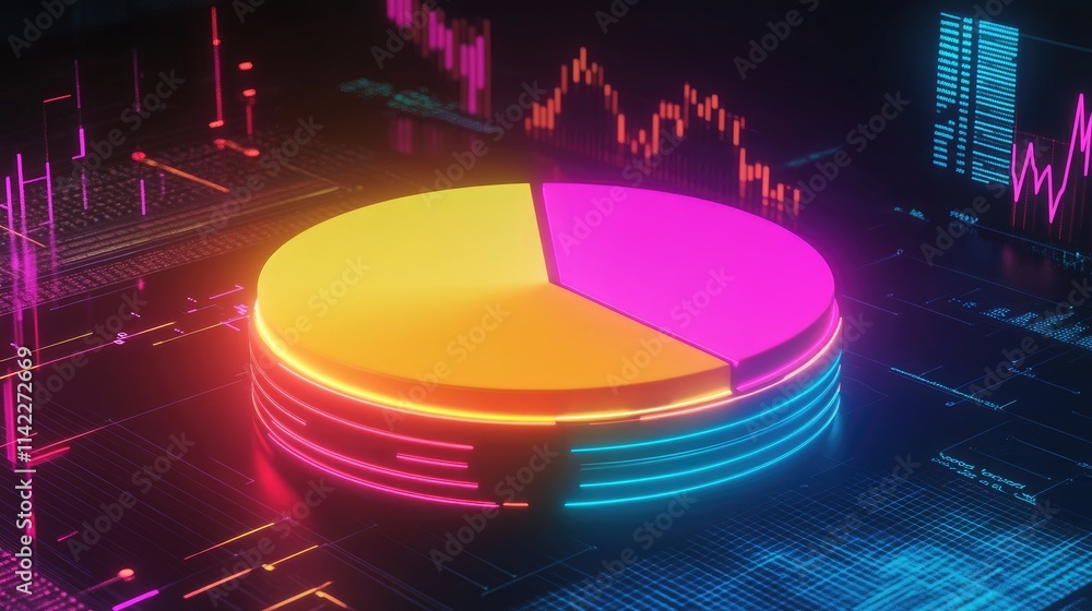 Poster a futuristic 3d pie chart with glowing neon segments, rotating in mid-air against a dark background 