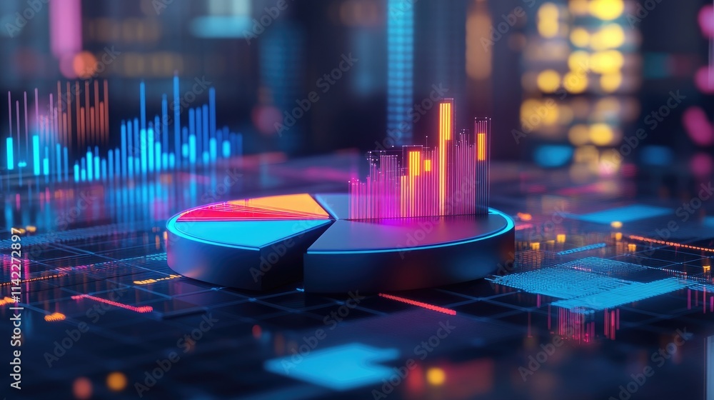 Poster a futuristic 3d pie chart with glowing segments, rotating slowly above a virtual platform, represent