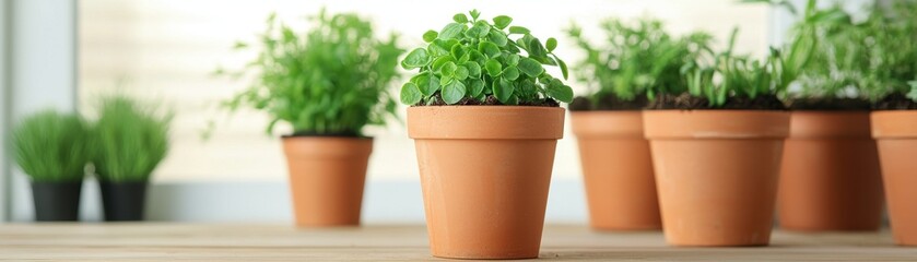 Fototapeta premium Lively Potted Plants on Wooden Table with Bright Natural Light Streaming Through a Window in a Contemporary Setting