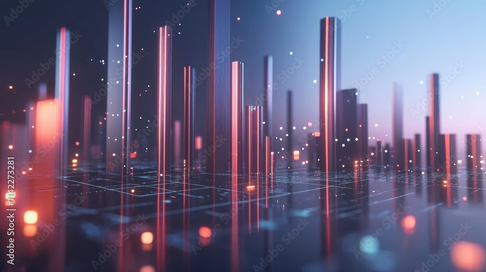 Poster a high-tech 3d financial chart with metallic bars rising from a sleek surface, surrounded by floatin