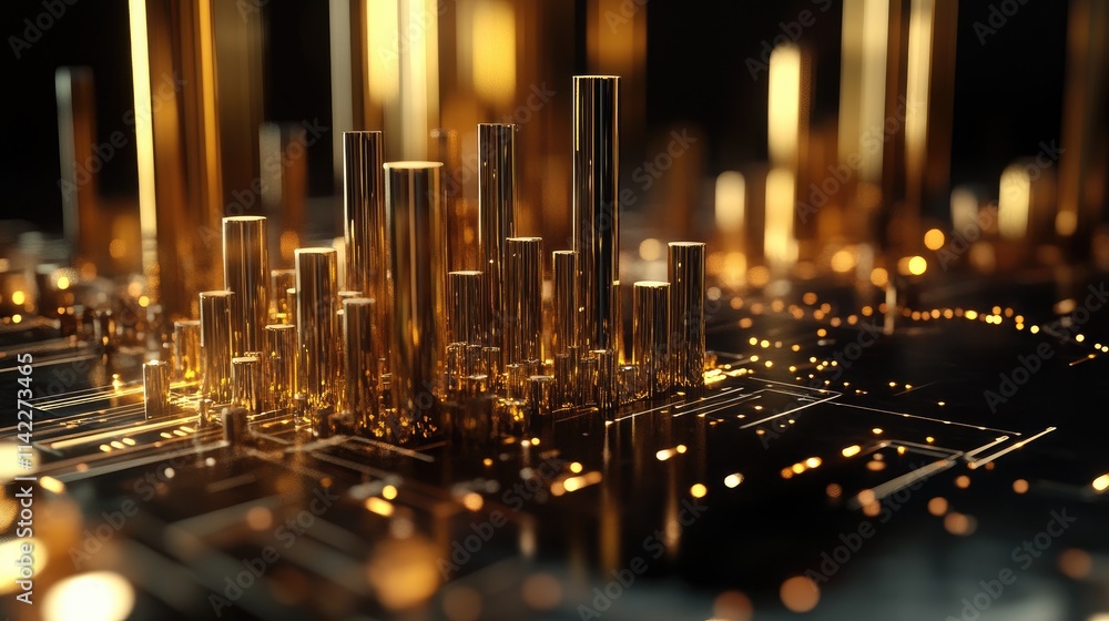 Poster a high-tech 3d financial chart with metallic bars rising from a sleek surface, surrounded by floatin