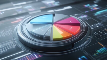A high-tech 3D pie chart with bold, colorful segments, each labeled with percentages, hovering above a digital interface filled with business statistics.