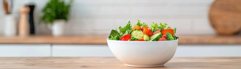 Fresh Colorful Salad Bowl with Variety of Vegetables on Modern Kitchen Countertop in Bright Natural Light