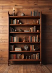 Vintage bookshelf against warm wooden background ,  reading,  desk