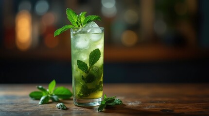 Mojito Cocktail in Tall Glass with Mint and Ice