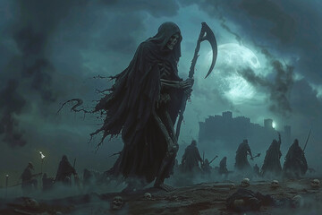 Obraz premium Scary grim reaper with sharp scythe in hell with dramatic background