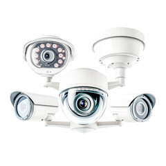 different modern CCTV surveillance cameras isolated on a white background