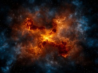 Naklejka premium A professional studio shot of bright red and gold fireworks bursting in synchrony, isolated against a deep blue midnight sky filled with glowing clouds of smoke