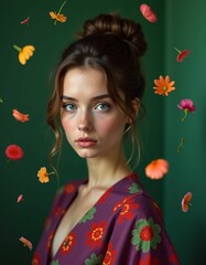 Fototapeta premium beta or alpha type woman, full face and showing her head and torso, wearing a colorful patterned dress, in a room, many flower petals of red blue green pink orange color falling from the air, vivid re