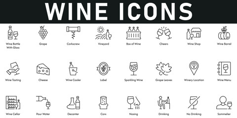 Wine Icons vector illustration with thin line editable stroke containing grape, corkscrew, vineyard, cheers, wine barrel, tasting, cooler, menu, cellar, cheese, cork, decanter, pour wine, drinking.