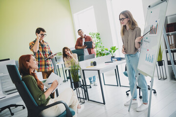 Photo of good mood intelligent young specialists creating start up together watching crisis charts indoors workstation workshop