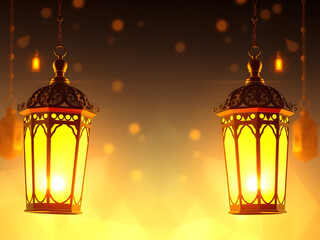 Ramadan Lanterns: Two golden lanterns hang gracefully against a soft, glowing background, casting a warm and inviting ambiance. Their intricate designs and flickering lights evoke a sense of peace.