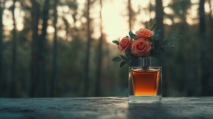 A glass bottle filled with orange liquid is artistically adorned with fresh pink roses and green leaves against a forest backdrop, evoking romance and elegance.