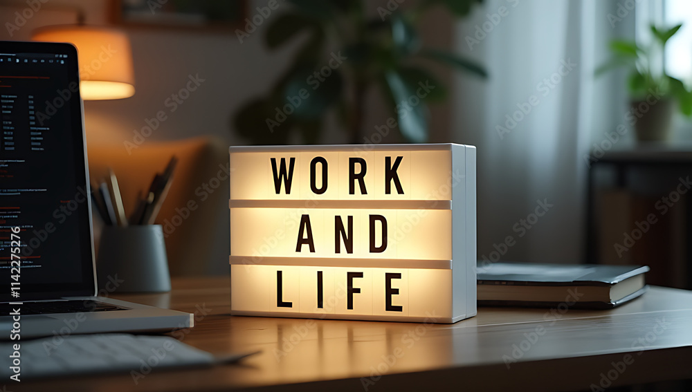 Poster Work and life concepts with text displayed on a light box on a desk table in a home office evoke positive emotions towards success._00002_