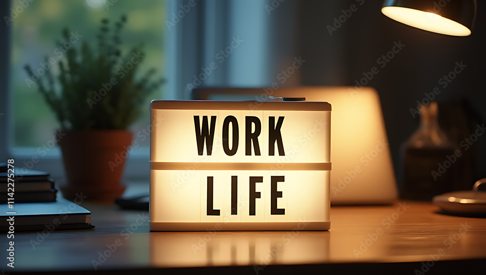 Poster Work and life concepts with text displayed on a light box on a desk table in a home office evoke positive emotions towards success._00001_
