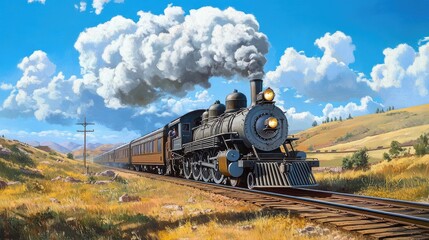 Fototapeta premium A nostalgic image of an old-fashioned steam train chugging along the tracks, releasing a plume of smoke, set against a backdrop of rolling hills and blue skies