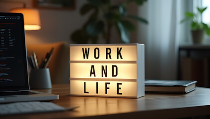 Work and life concepts with text displayed on a light box on a desk table in a home office evoke positive emotions towards success._00002_