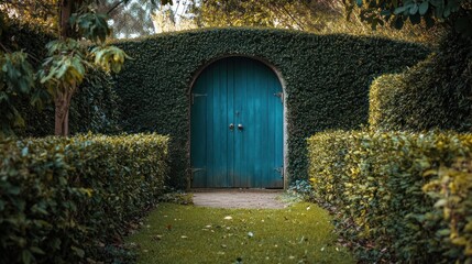 Fototapeta premium Arched blue door in a green hedge garden.