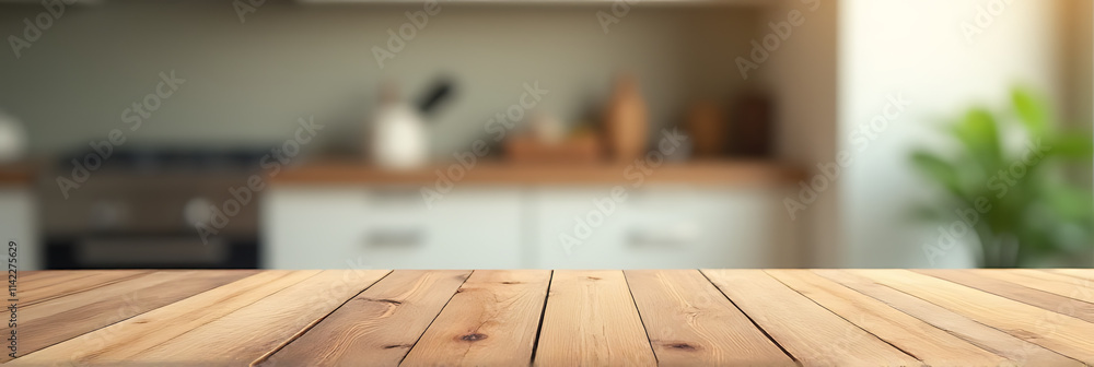 Aufkleber Wooden tabletop with blurred kitchen background suitable for product display or creating a key visual layout in a montage._00002_