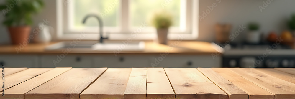 Aufkleber Wooden tabletop with blurred kitchen background suitable for product display or creating a key visual layout in a montage._00001_