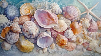 Watercolor Seashells and Starfish Still Life