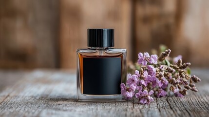 A rectangular perfume bottle with a black cap sits on a wooden surface, decorated with sprigs of lavender flowers, evoking tranquility and elegance in its presentation.