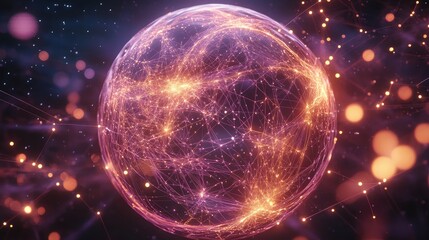 A glowing digital globe with intricate network lines and nodes connecting across its surface, top view, representing global connectivity in technology, futuristic tone, vivid