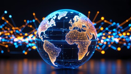 Obraz premium A bright holographic globe filled with images representing internet trends, network connections, and data flows in a futuristic world.