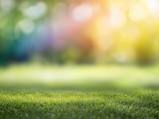 Fototapeta premium A serene, blurred background featuring lush green grass with a colorful, softly illuminated backdrop, creating a tranquil outdoor atmosphere.