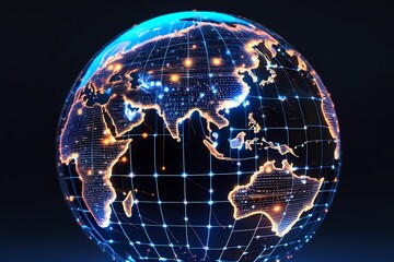 Naklejka premium A bright holographic globe filled with images representing internet trends, network connections, and data flows in a futuristic world.