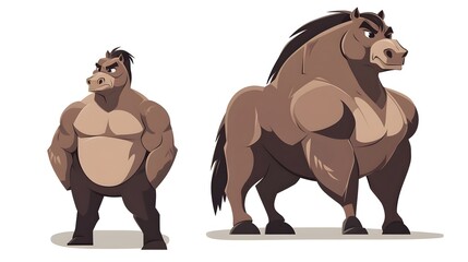 Obraz premium A muscular cartoon horse character mascot flexing its strong muscles in flat vector illustration. Concept for logos, team mascots, branding, strength, athletic or competitive branding themes.