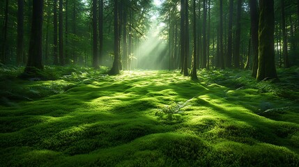 Obraz premium Sunbeams Illuminate Mossy Forest Floor Path