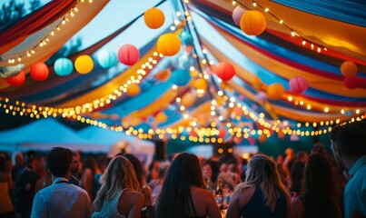 Fototapeta premium Festive outdoor party; colorful lights, fabric canopy.