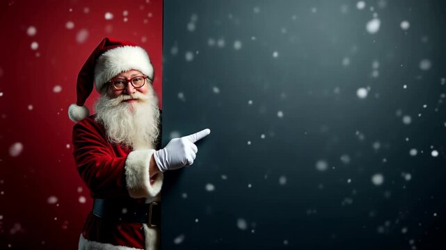 Santa Claus in a traditional red and white outfit with a fluffy beard and round glasses peeks out from behind a textured dark background, pointing toward the empty space