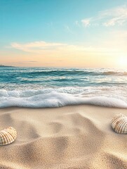A serene beach scene featuring soft sand, gentle waves, and seashells under a clear blue sky during sunset.