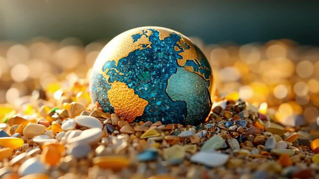 The image depicts a globe surrounded by various types of trash sitting on a massive heap of garbage